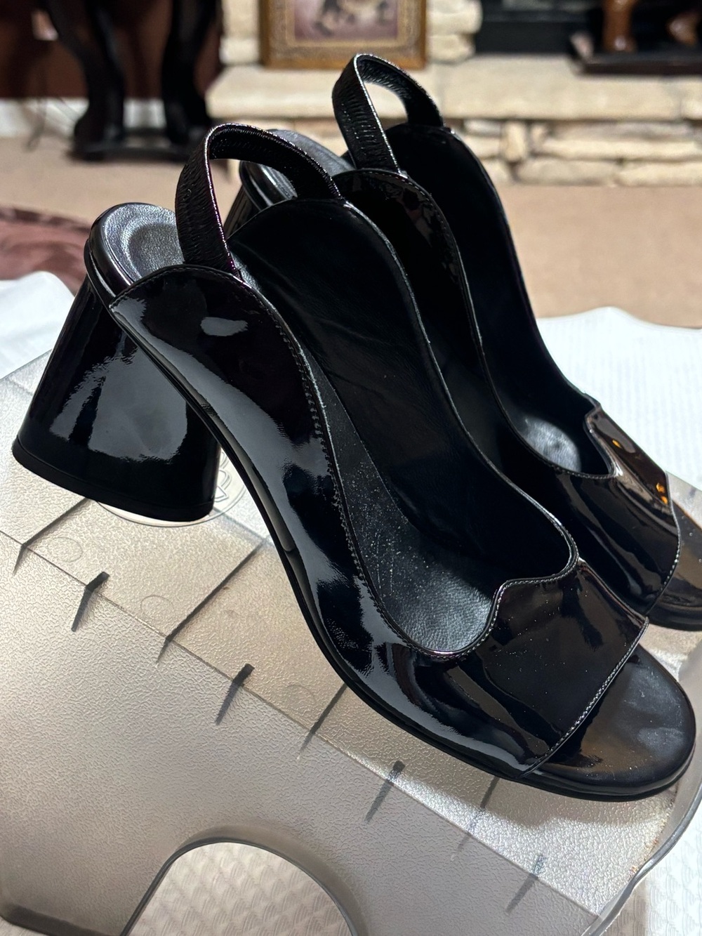 Mara Bini Patent Black Slingback Block Heel Sandals
